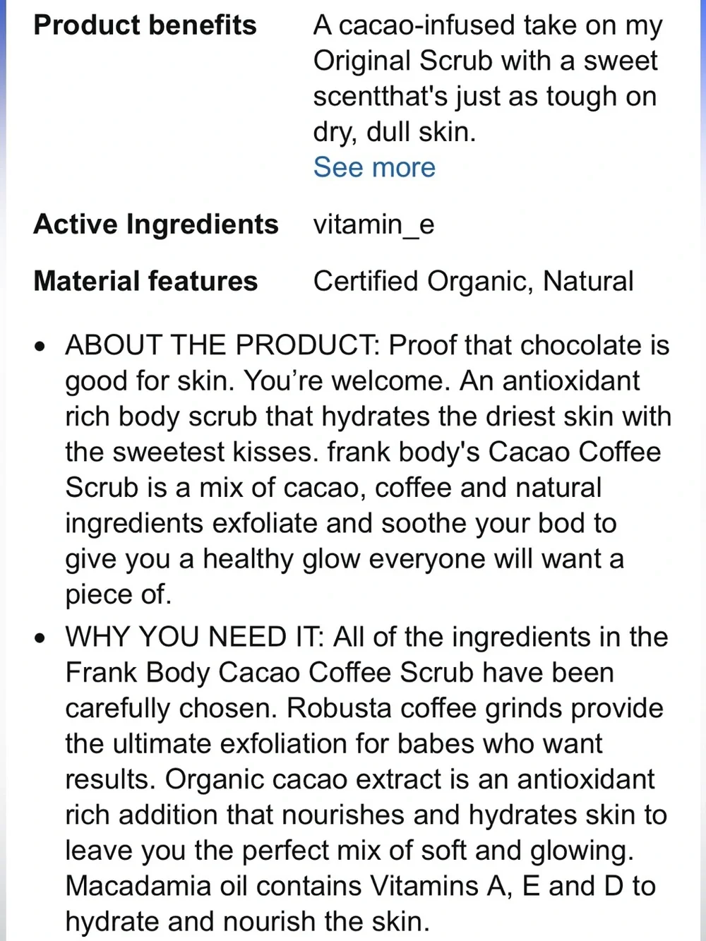 Organic Gommage Frank Body Cacao Coffee Scrub Chocolate NEW